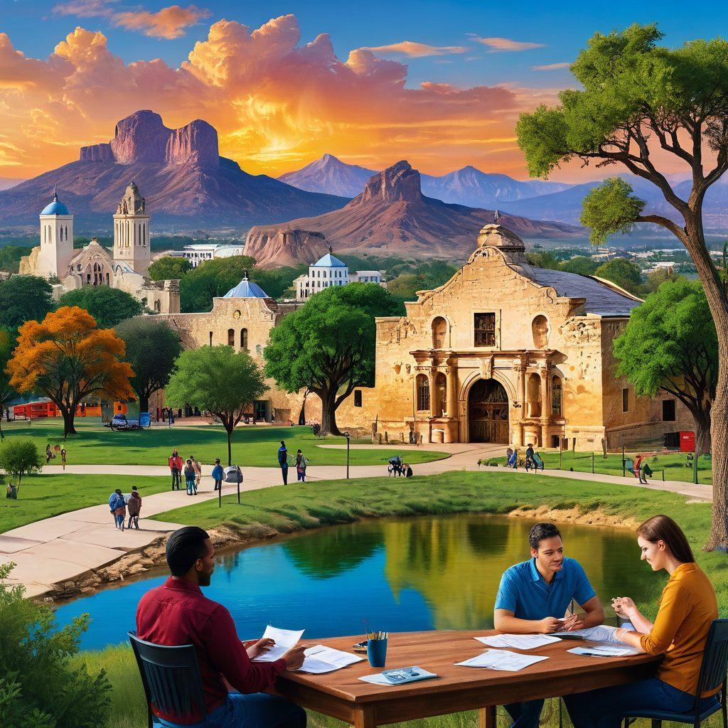A vibrant Texas landscape showcasing a diverse group of people analyzing credit reports and discussing finances, with iconic Texas landmarks in the background. Include elements like credit score graphics and financial planning tools visually portrayed. Bright colors to symbolize optimism and opportunity. super-realistic. vibrant colors. 3D.