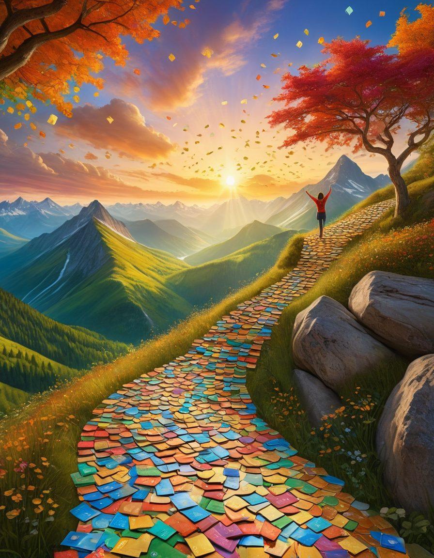 A person standing triumphantly on top of a mountain made of credit cards, overlooking a sunrise that symbolizes a bright financial future. Scattered green bills float in the air like confetti, and a pathway lined with gold coins leads to an open treasure chest filled with opportunities. The scene conveys hope and empowerment. super-realistic. vibrant colors. dreamy background.