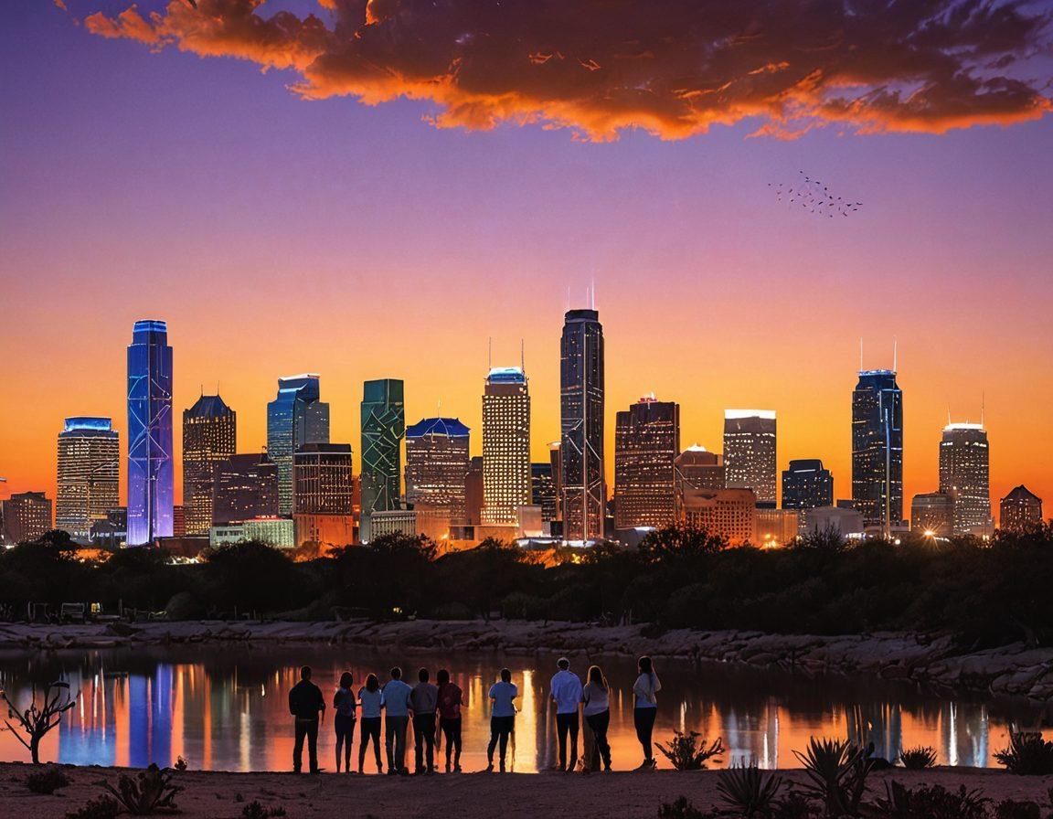 A dynamic Texas skyline at sunset, with a diverse group of people engaging in discussions about credit solutions and financial aid. Include visual elements like a glowing open book representing knowledge, and floating dollar signs to symbolize financial opportunities. The background should incorporate elements of Texas culture, such as a lone star and cacti. super-realistic. vibrant colors. 3D.